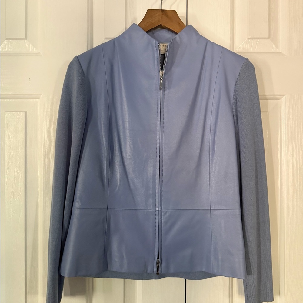 Doncaster Women’s Light Blue Leather Front Knit Jacket Size S